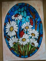 Stained glass picture - ladybugs on a white flower