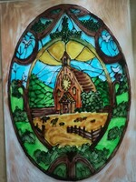 Stained glass picture - house in the valley