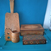 Carved unique objects, 2 pieces of carved box, candle holder