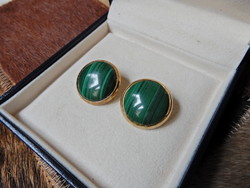 Old gold-plated silver earring clip with malachite stones