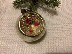 Old glass sphere Christmas tree ornament indented in two places