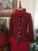 Handmade 36-os 100 % gyapjú burgundi piros tiroli, trachten kardigán, kézimunka tradíionális viselet
