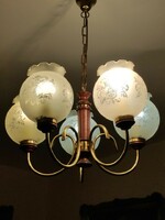 Beautiful 5-branch copper / wood ground glass vintage chandelier