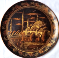 Old beautiful large copper tray with oriental pattern, wall plate, with hanger, .31 cm in diameter
