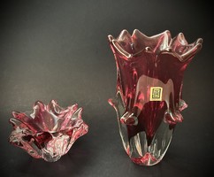Czechoslovak showcase stained glass vase and bowl burgundy