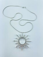 14K white gold necklace with large sun pendant, zirconia stones