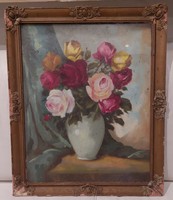 Signed oil-on-canvas floral still life painting, roses