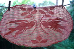 Antique hand crocheted net fillet tablecloth rare swallow bird couple pattern needlework oval 59 x 33