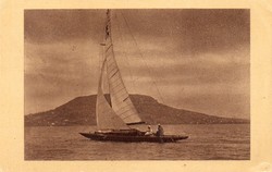 Ba - 121 panoramic view of the Balaton region in the middle of the 20th century. Sailing in front of Badacsony