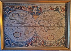 Középkori rézmetszetről vászonnyomat.Az egész világ új földrajzi és vízrajzi térképe.Szilvásy Nándor