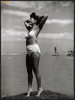 Larger size, photo art work by István Szendrő. In a bathing suit on the Balaton beach, 1930s.