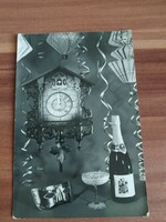 Régi ÚJÉVI képeslap, pezsgő, fekete-fehér