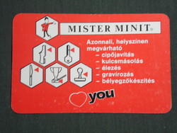 Kártyanaptár, Mister Minit cipőjavítás, kulcsmásolás, grafikai rajzos,reklám figura, 1992,   (3)