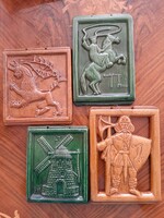 4 folk art framed ceramic wall pictures from the 1970s