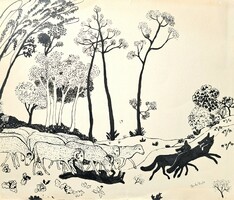 Viola Berki: animal tale (ink drawing) illustration for the Hungarian Nation newspaper - lambs and wolves