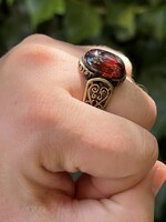 Antique style Israeli silver signet ring with amber colored glass