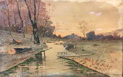 Heinrich Wertheim: landscape with stream, 1900, art nouveau watercolor