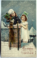 Antik dombornyomott Újévi üdvözlő képeslap - kéményseprő , kémény , kisleány téli éjszaka