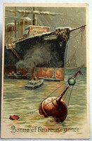 Antique embossed New Year greeting card - ocean liner, buoy, winter night from 1909