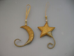 Pair of wooden moon and star handmade Christmas ornaments