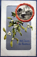 Antik dombornyomott Újévi ezüst hátterű üdvözlő képeslap - pecsétben tájkép , fagyöngy