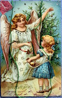 Antik dombornyomott Karácsonyi üdvözlő képeslap -Karácsonyfát díszítő angyal, kisleány