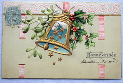 Antique embossed New Year greeting card - golden bell, holly, mistletoe from 1906