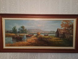 Nagy Falusi Árpád: Balatoni táj 45x115 cm olaj-vászon festmény