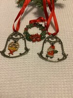 Old two-sided metal pewter bells and wreath Christmas tree ornaments