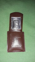 Antique French Lourdes silver-plated small pilgrim souvenir mini plaque in artificial leather holder as shown in the pictures