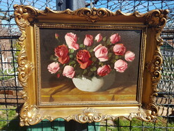 Murin Vilmos jelzéssel: Nívósan restaurált olaj, vászon 31x40,5 cm, festmény, rózsa csendélet