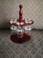 6 stemmed brandy glasses in a wooden holder / carrier