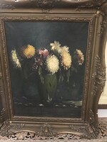 Raven k. Signed: floral still life (chrysanthemums), oil on canvas