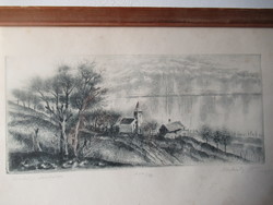 Nechánszky: on the hills of Kisörs (with panorama of Balaton), etching