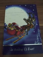 Régi karácsonyi képeslap, kinyithatós, télapó, rénszarvas