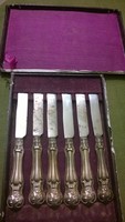 Antique silver buttering knife set in box, Rocher blade 6 pcs