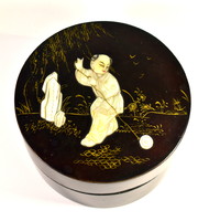 Around 1900 Japanese lacquered wood box with carved mother-of-pearl inlay!