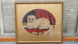 Glazed gold-wood picture frame with cat tapestry