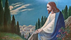 Jesus on the Mount of Olives. Oil painting on cardboard, from the 1950s.