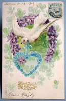 Antique embossed New Year's card - dove, 4-leaf clover. Violet, forget-me-not heart from 1909