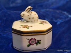 Herend Eton patterned porcelain bonbonnier with bunny holder