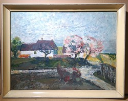 Detrői Ernő: Tavasz a szőlőhegyen (olajfestmény) 1970-es évek, Képcsarnok kiállításon szerepelt