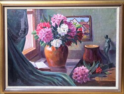 Flower still life with nude sculpture (signed oil painting) interior, in window - Russian painter?