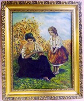 Mother breastfeeding her child impressionist style oil on canvas painting from Germany
