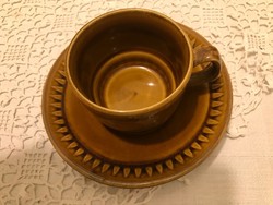 Czechoslovak painted-glazed faience/ceramic teacup with base. Size: Plate: 16 cm diameter. Cup: 9 cm diameter.