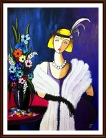 Czinóber - Nő stólával ( 30 x 40, olaj )