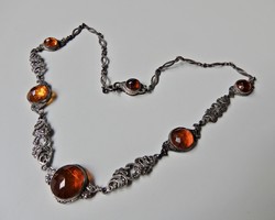 Old silver necklace with marcasite and polished amber stones