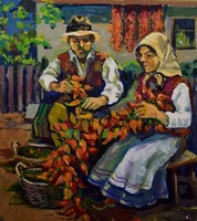 Miklós Harangozó (1937): stringing peppers (in the Carpathians)