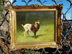 Artúr Heyer: meticulously restored, oil on canvas 40 x 50 cm painting of a domestic goat. Blondel in a picture frame