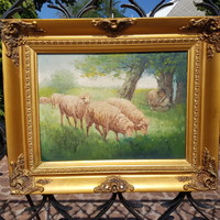 Mesterházy Dénes Bárányok pásztorral festmény olaj karton 29x39 cm életkép blond képkeret külm:36x46